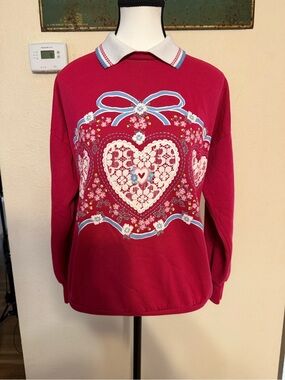 Vintage Land’n Sea Collared Hearts Hot Pink Medium Sweatshirt Bow Floral Print